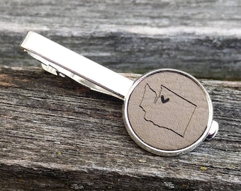 YOUR STATE Tie Clip. Leather, Laser Engraved. Wedding, Groom, Groomsmen Gift, Dad, Anniversary