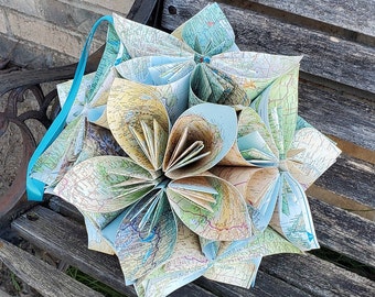 Huge Map Kusudama Ball. First Anniversary Gift, Christmas, Wedding Decor, Travel, Destination.