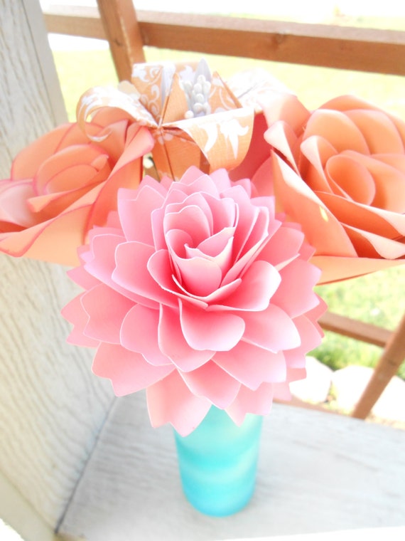 Peach & Pink Paper Flowers, Half Dozen. Other Colors