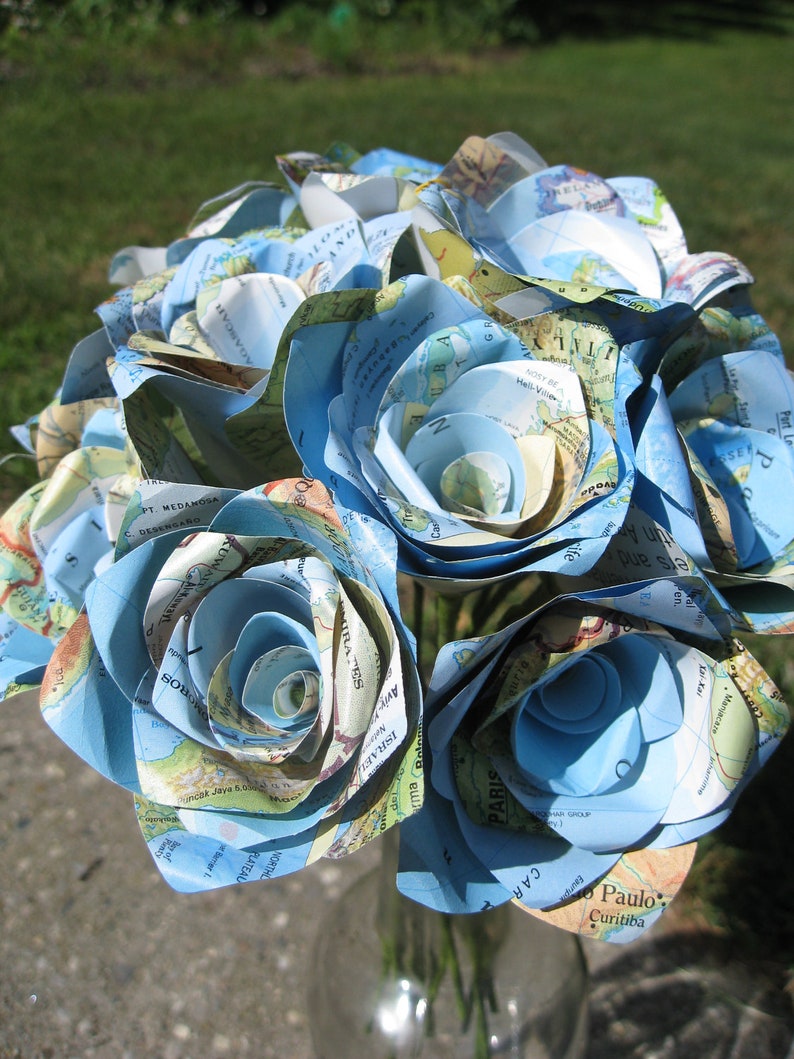 One Dozen Vintage MAP Paper Roses. Handmade Bouquet. Other Colors Available. CUSTOM ORDERS Welcome. image 5