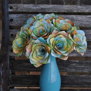 One Dozen Vintage MAP Paper Roses. Handmade Bouquet. Other Colors Available. CUSTOM ORDERS Welcome. image 2
