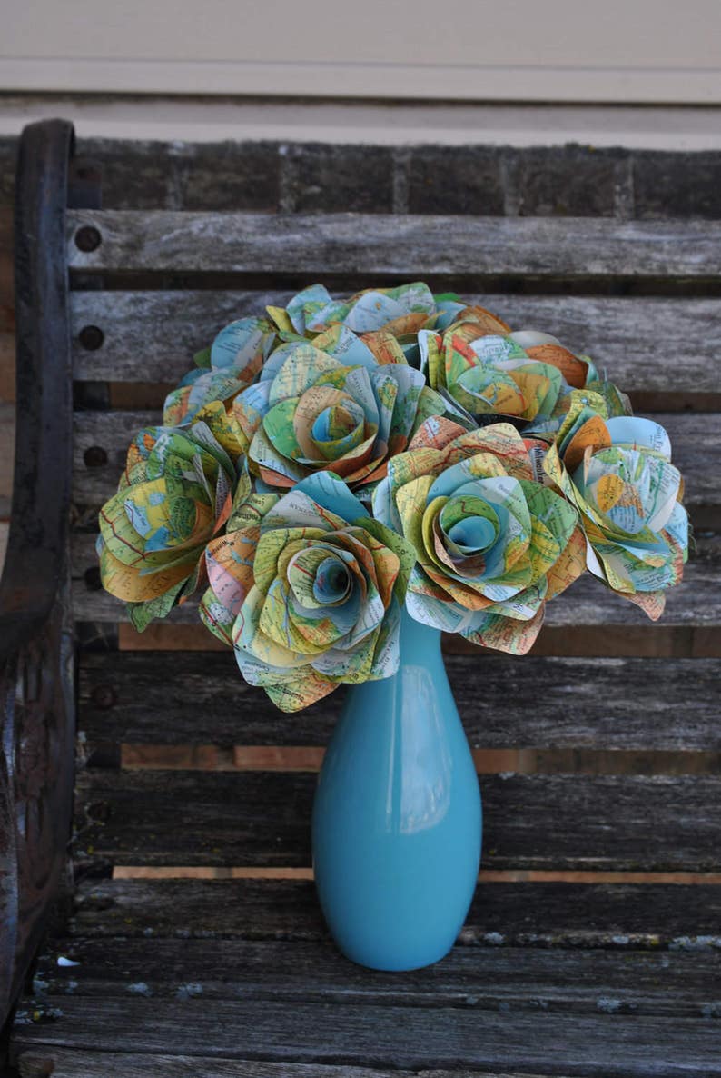 One Dozen Vintage MAP Paper Roses. Handmade Bouquet. Other Colors Available. CUSTOM ORDERS Welcome. image 2