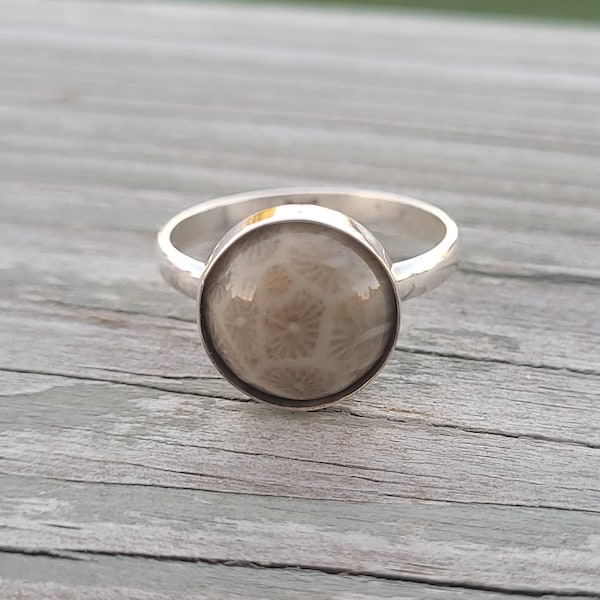 Petoskey Stone Ring. Sterling Silver, Size 9. Fossilized Coral. Wedding, Christmas Gift, Anniversary Gift. Michigan