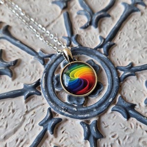 Rainbow Necklace. Abstract Gift. Wedding, Men, Women, Bridesmaid Gift, Anniversary, Birthday. Silver. Swirl