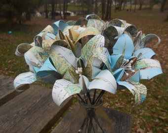 Vintage Map Paper Lily Bouquet. Bridal, Wedding, Anniversary, Gift, Christmas. Origami Flowers. Custom Orders Welcome.