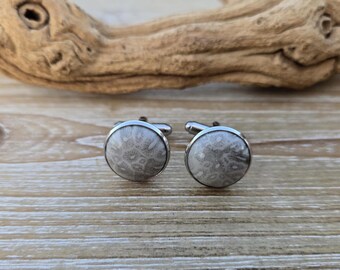 Petoskey Manschettenknöpfe. 16 mm Versteinerte Korallen. Hochzeit, Groomsmen Geschenk, Weihnachtsgeschenk, Geschenk für Papa. Missouri Geschenk