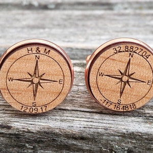 Custom Coordinate Cufflinks. Compass, Personalized Monogram. Wedding, Men, Groom Gift, Fifth Anniversary Gift. Groomsmen. Wood.