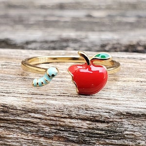 Apple & Worm Ring. Adjustable. Gift For Birthday, Christmas, Gifts For Her, Gift For Mom, Kids. Sterling Silver