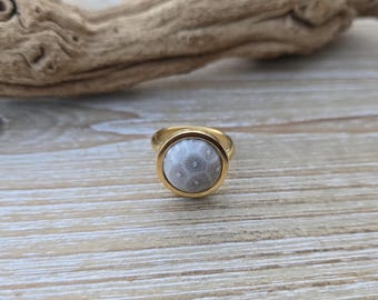 Petoskey Stone Ring. Gold Stainless Steel. 14mm, Fossilized Coral. Wedding, Christmas Gift, Anniversary Gift. Michigan Gift. Gift For Her