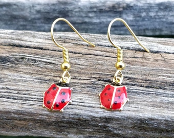 May include: A pair of gold-colored earrings featuring red ladybug charms with black spots. The earrings have a simple hook design for pierced ears. The ladybug charms are detailed with a glossy finish.