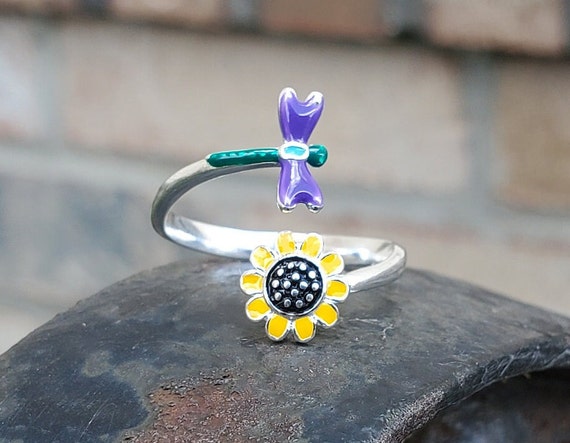 Dragonfly Sunflower Ring. Adjustable. Gift for Birthday Christmas
