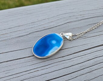 Blue Banded Agate Necklace. Birthday Gift, Anniversary Gift. Gift For Mom. Agate Pendant