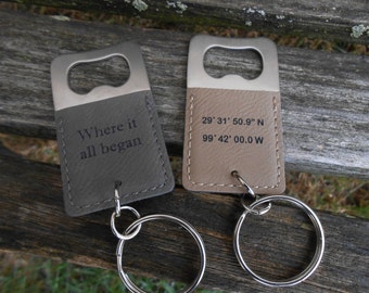 Customized Bottle Opener, Leather Keychain. Laser Engraved. Wedding, Groomsmen Gift, Dad, Anniversary. Groom, Birthday, Christmas, Stepdad