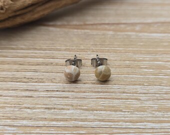 Zarte Petoskey-Ohrstecker. 6 mm. Fossilisierte Koralle. Geschenkidee: Hochzeit, Jahrestag, Weihnachten, Muttertag, Geburtstag.
