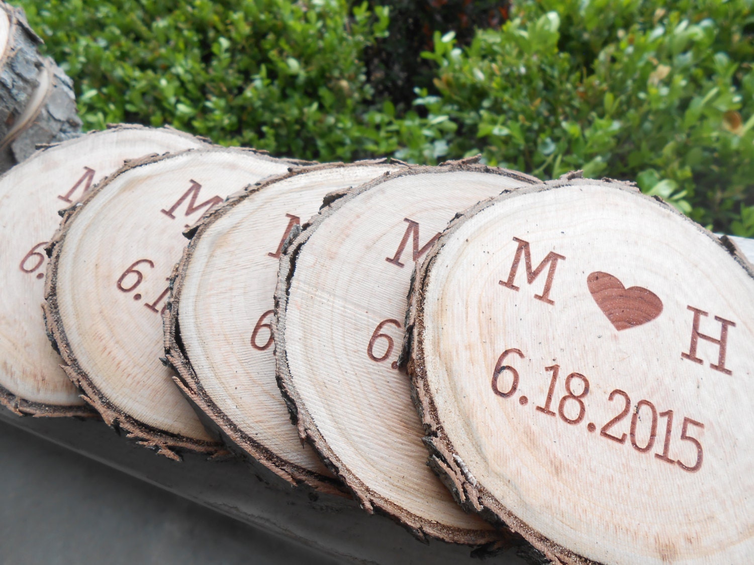 Personalized Wood Slice Coasters: Engraved Rustic Wedding Favors