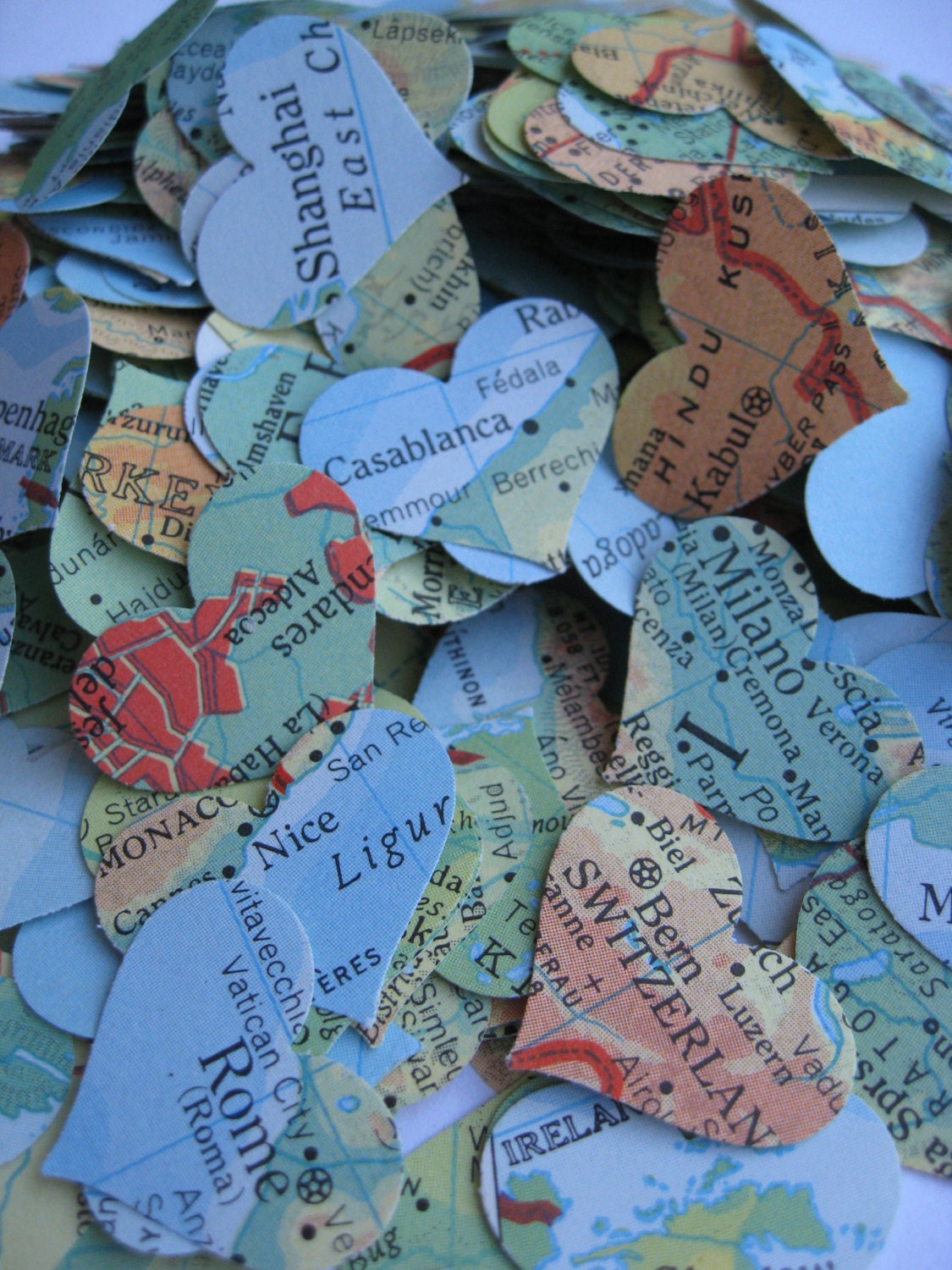 1000 Vintage Map Confetti. Teal, Ivory, Ochre, Beige, Green. World Map ...
