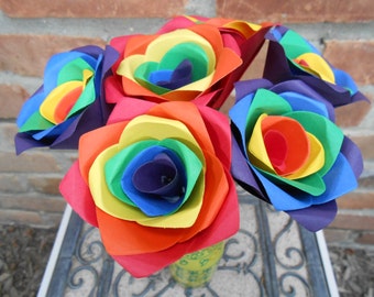 Rainbow Roses, Half A Dozen. Red, Orange, Yellow, Green, Blue, Purple.  OTHER colors available as well. Wedding, Paper Flower Bouquet