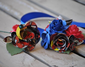 Comic Corsage & Boutonniere SET. Choose Your Comics, Colors. Wrist or Pin-On Corsage. Weddings, Prom, Homecoming, Bridesmaid, Mother