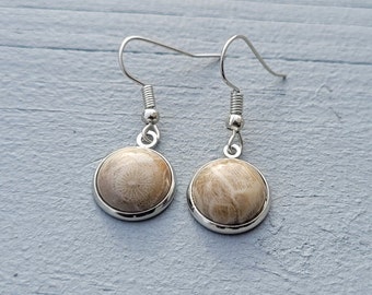 Petoskey Stone Earrings. Fossilized Coral. Wedding, Christmas Gift, Anniversary Gift. Michigan. Bead Earrings