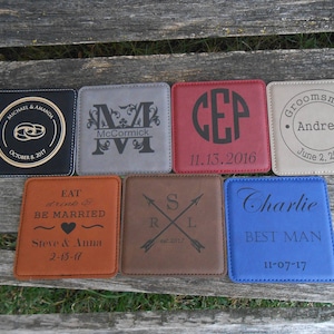 Personalized Coasters. CHOOSE YOUR DESIGN. Groomsmen Gift, Groom, Best Man. Rustic, Favor, His Hers, Bride Groom. Leather.