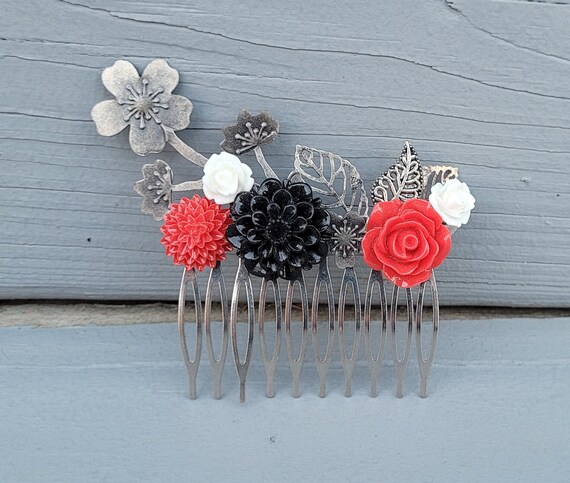 Chargances Pettine Per Capelli Da Sposa Con Fiori Bianchi E Cristalli Rossi, Accessorio Matrimonio Fatto A Mano, Fermaglio Elegante Per Acconciature Damigelle