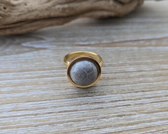 Petoskey Stone Ring. Gold Stainless Steel. 14mm, Fossilized Coral. Wedding, Christmas Gift, Anniversary Gift. Michigan Gift. Gift For Her