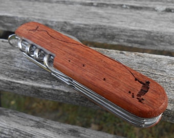 FLY FISHING Pocket Knife, Father's Day, Groomsmen Gift. Laser Engraved Wood. Wedding, Men's, Dad, Anniversary. Knives. Fishing Gift