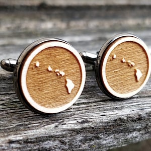 Hawaii Cufflinks. Choose Your Metal Color. Laser Engraved Wood. 20mm Wedding, Men, Groom, Groomsmen Gift, Dad. Birthday, Anniversary