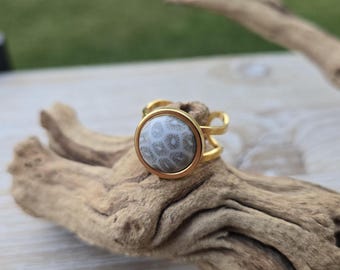 Petoskey Stone Ring. 14mm, Gold Colored Stainless Steel. Fossilized Coral. Wedding, Christmas Gift, Anniversary Gift. Michigan