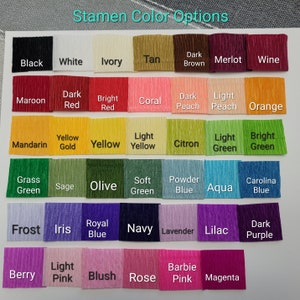 May include: A chart of 36 color swatches showing different shades of paper for crafting. The colors are arranged in rows and columns, with the names of each color listed below the swatch. The colors include black, white, ivory, tan, dark brown, merlot, wine, maroon, dark red, bright red, coral, dark peach, light peach, orange, mandarin, yellow gold, yellow, light yellow, citron, light green, bright green, grass green, sage, olive, soft green, powder blue, aqua, carolina blue, frost, iris, royal blue, navy, lavender, lilac, dark purple, berry, light pink, blush, rose, barbie pink, and magenta.