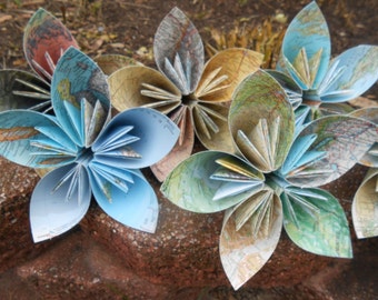 5 Huge Map Kusudama Paper Flowers. Great For Weddings, Centerpiece, Decoration, Gift.