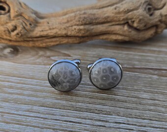 Petoskey Manschettenknöpfe. 16 mm, versteinerte Koralle. Hochzeit, Groomsmen Geschenk, Weihnachtsgeschenk, Geschenk für Papa. Missouri Geschenk