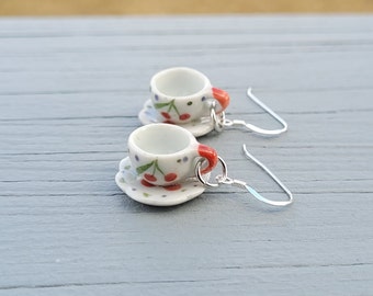 Cherry Teacup Earrings. CHOOSE Your Color Hooks. Gift For Mom, Anniversary Gift, Gift For Her, Birthday Gift. Tea Cup Earrings