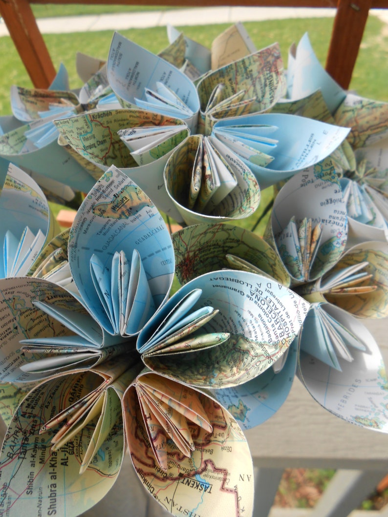 One Dozen Vintage MAP Paper Flowers. Handmade Bouquet. Bridal ...