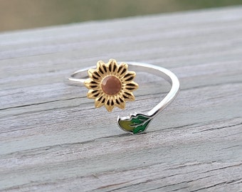 Sunflower Ring. Adjustable. CHOOSE YOUR COLOR. Sterling Silver. Gift For Birthday, Gifts For Her. Gifts For Women, Mom, Anniversary Gift