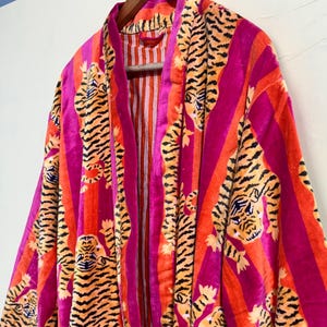 Fluwelen kimonobadjas met tijgerprint: ochtendjas katoenfluweel