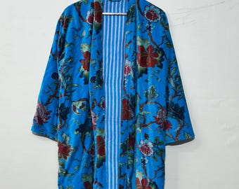 Handmade Blue Velvet Kimono Robe: Floral Print Boho Duster Jacket