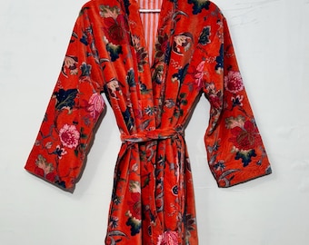 Handmade Velvet Kimono Robe: Floral Print Boho Duster Jacket