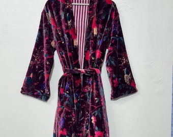 Indian Red Wine Velvet Kimono Robe: Bird Print Kimono Gown
