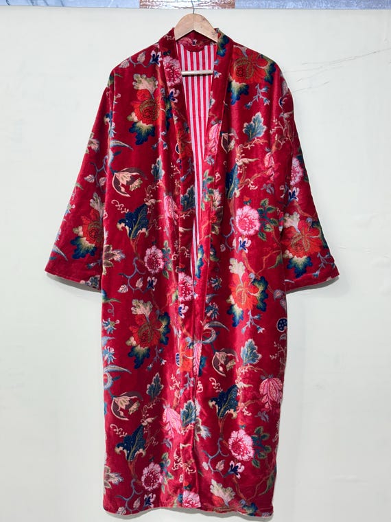 red cotton dressing gown Floral Red velvet cotton Kimono Robe Jackets Dressing Gown, wedding Robe Bridesmaid winter bathrobe