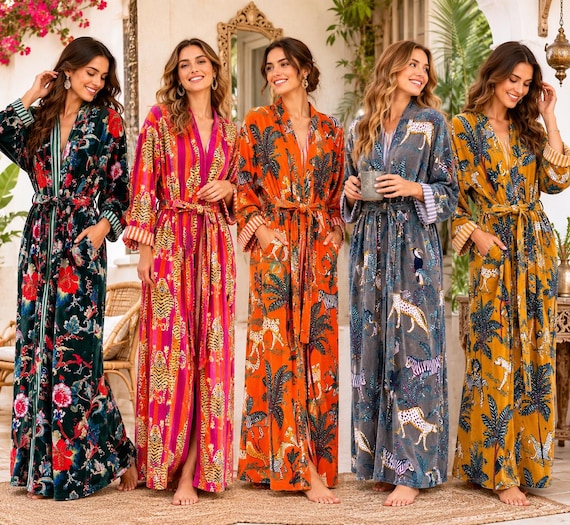 Luxury Velvet Kimono Robe | Women's Floral Print Long Housecoat
