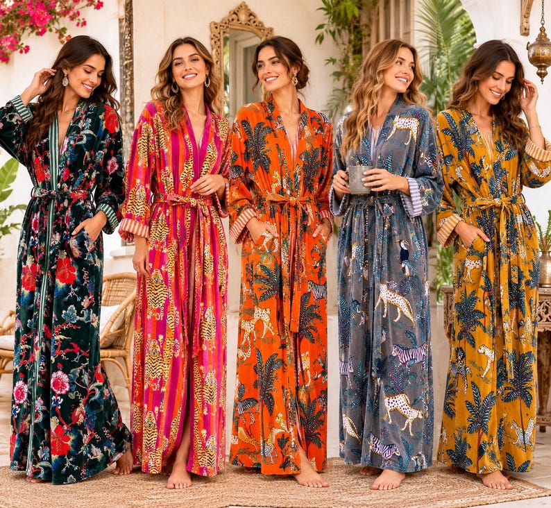 May include: Five long-sleeved robes featuring various patterns: a dark green floral print, a pink and orange striped animal print, an orange palm and leopard print, a grey animal print, and a yellow palm and leopard print, all with waist ties.