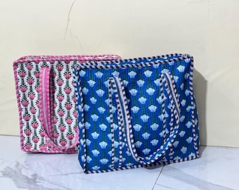 Floral Print Quilted Cotton Zipped Tote with Inside Pocket | Grocery Shopping Bag | ShoulderBag|BohoTote