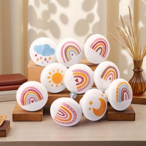 Regenbogen Keramik Schrankknöpfe, Kinderknäufe, niedliche Wetterwolke Mond Stern Knäufe, Kinderzimmer Kommode Griff, Babyzimmer Möbel Dekor
