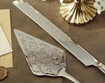 Personalized Wedding Cake Server Set, Minimalist Engraved Knife Server, Bridal Gift