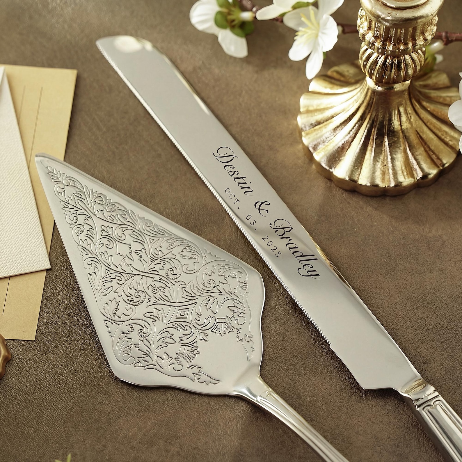 Personalized Wedding Cake Server Set, Minimalist Engraved Knife Server, Bridal Gift - Silver, 01