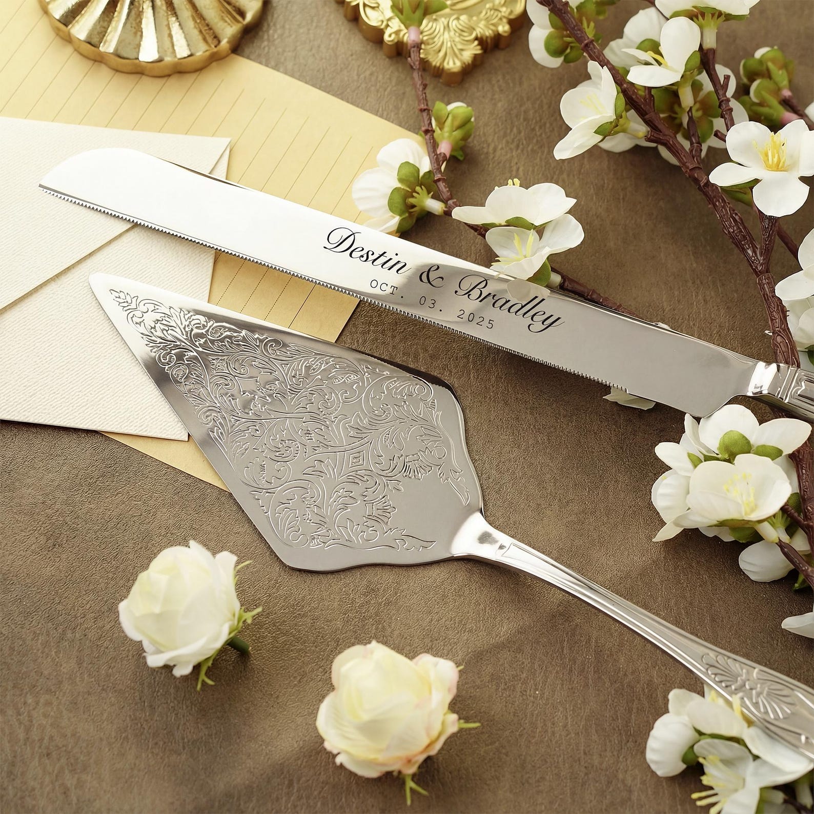 Personalized Wedding Cake Server Set, Minimalist Engraved Knife Server, Bridal Gift - Silver, 01