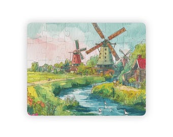 Dutch Windmill Village Kids Jigsaw Puzzle 30 Pieces Educational Watercolor Countryside Featuring Windmills for Preschool Learning