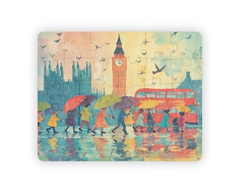London Rainy Walk Kids Jigsaw Puzzle 30 Pieces Watercolor Educational Toy with Big Ben and Umbrellas for Preschool Learning