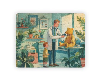 Doctor Office Visit Kids Jigsaw Puzzle 30 Pieces Educational Watercolor Scene with Teddy Bear for Preschool Learning